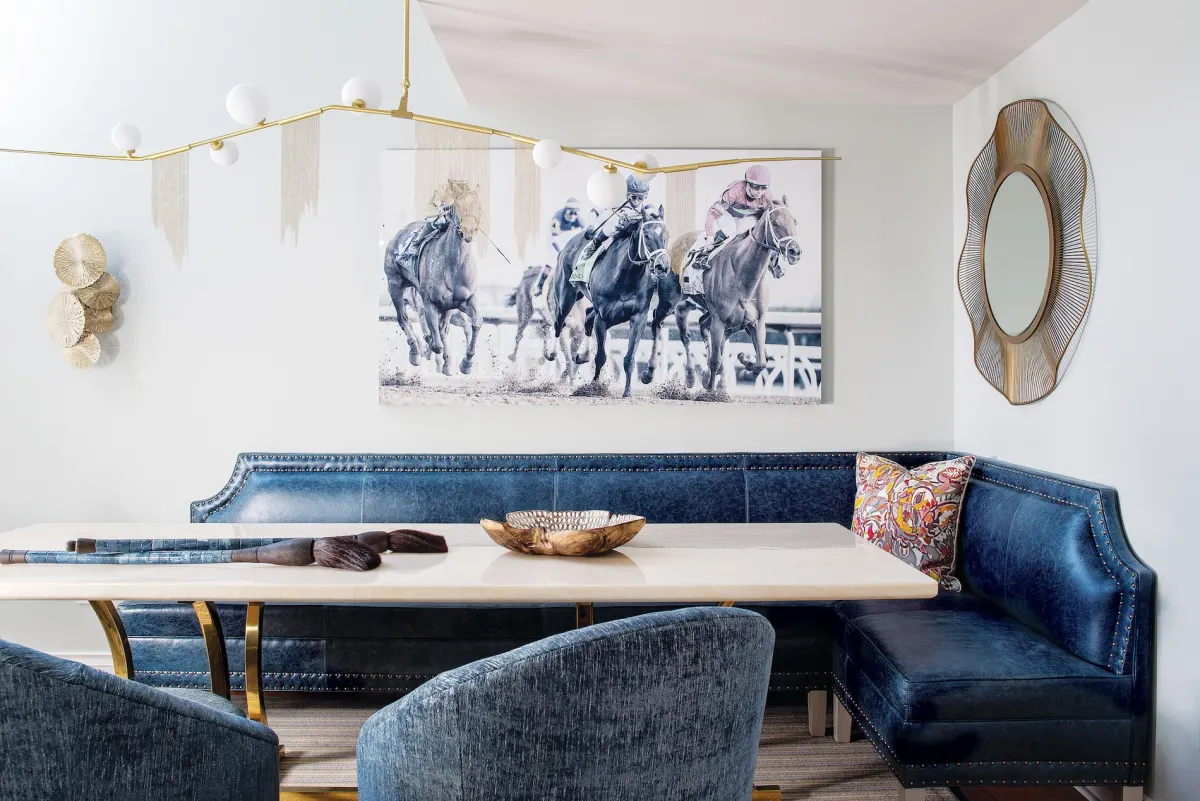 Breakfast nook with L-shaped upholstered bench seating designed by Beth Krupa Interiors